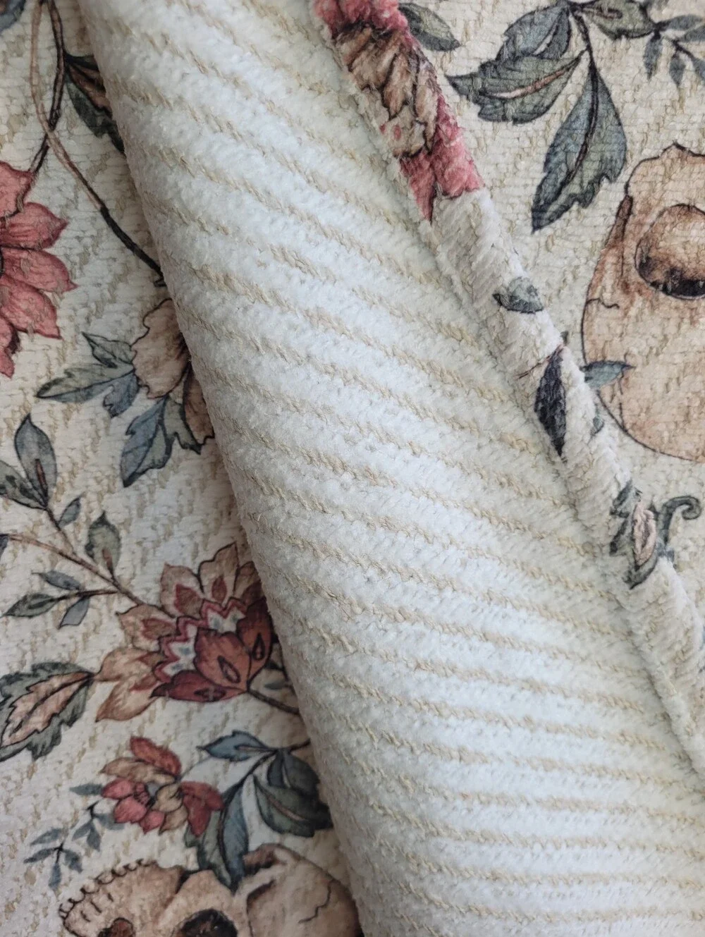 Tahari Cream Halloween Throw with Skulls, Crows And Pink & Green Floral Motif